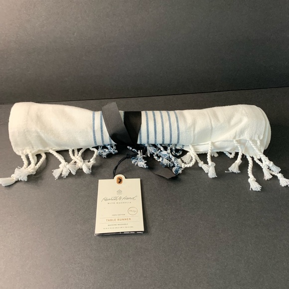 Core Stripe Twisted Fringe Table Runner Blue/Cream - Picture 2 of 2